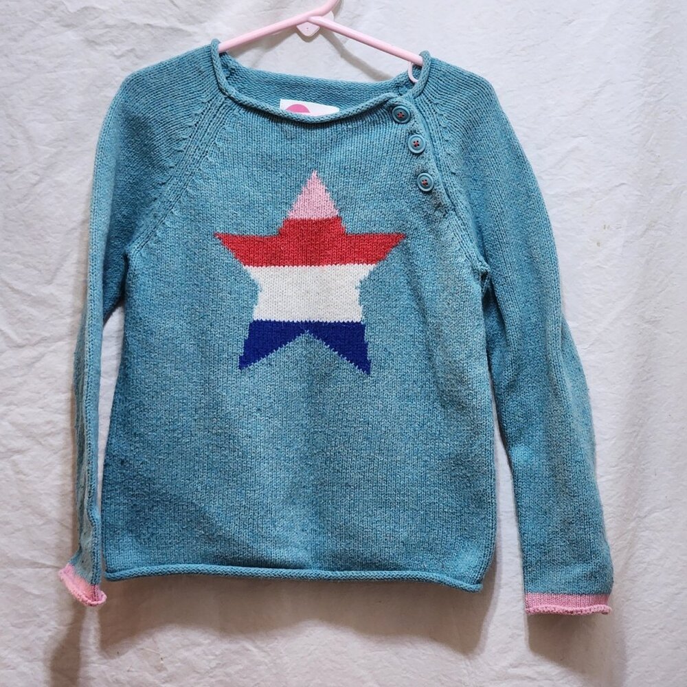 Mini Boden Turquoise Sweater Red White Blue Pink Star Girls 116cm 5-6Y *pilling*